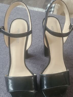 Nine West Black Patent Block Heel Sandals with Ankle Strap